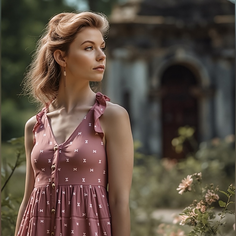 Mine Medium Rose Pink Dress with Bow Pattern – Flutter Sleeves